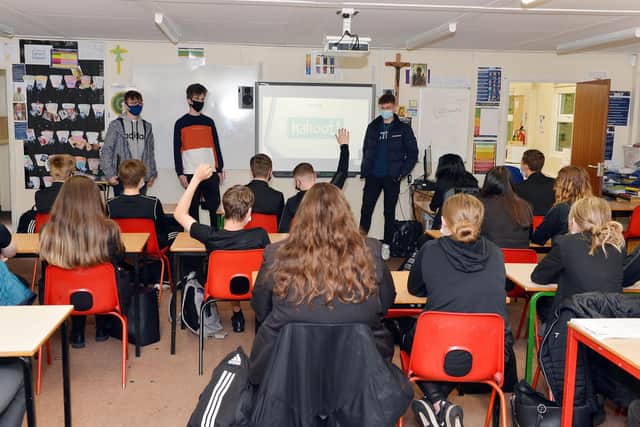 All Saints' Catholic Voluntary Academy School careers' day. 
6th form students doing a presentation to year 10 students.