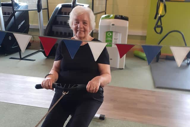 Wendy on the rowing machine at Water Meadows