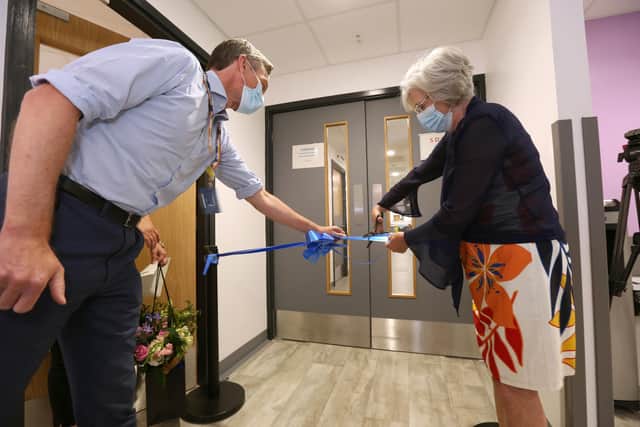 Sherwood Forest Hospitals NHS Foundation Trust’s chief operating officer Simon Barton joins the unit’s first patient Kathryn Allsop to cut the ribbon at the opening ceremony.