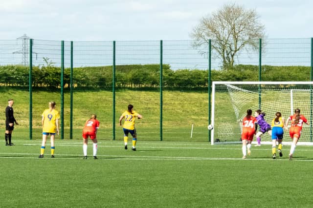 Amy Pashley scores Mansfield's second goal from the penalty spot. Photo by Rob Price.