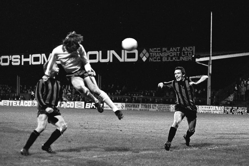Terry Eccles tests the Stockport  keeper with a header in Oct 1973.