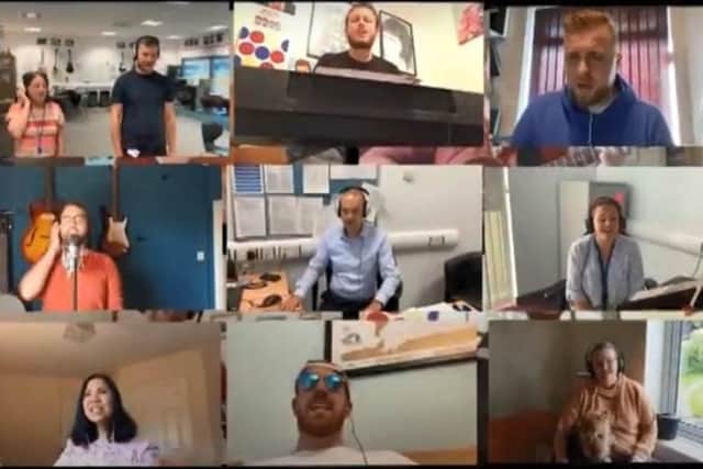 A screen grab of staff at Shirebrook Academy, who put together a performance of the Foo Fighters’ hit Times Like These to round off the school’s online Shirebrook’s Got Talent end-of-term talent show.