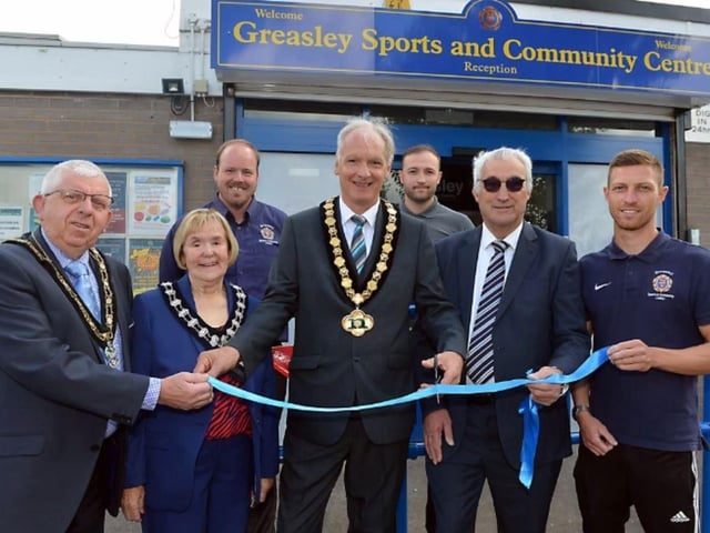 The grand reopening of Greasley Sports Centre in 2019, from left Coun Michael Brown (Mayor of Broxtowe), Coun June Layton (chair of Greasley Council), Chris Burley (Creative Buldings Projects), Coun Kevin Rostance (chair of Nottinghamshire Council), Allan Bone (centre manager), Coun John Handley, Robbie Ilett (gym instructor).
