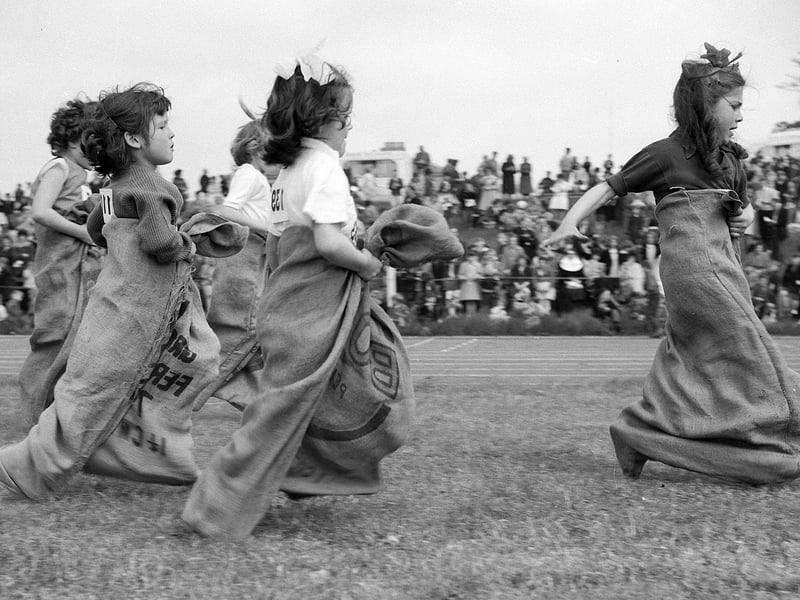 Youngsters take part in a traditional sack race at Berry Hill in 1963.