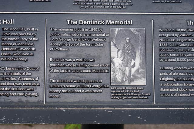 A plaque on The Bentinck Memorial explains who it commemorates.