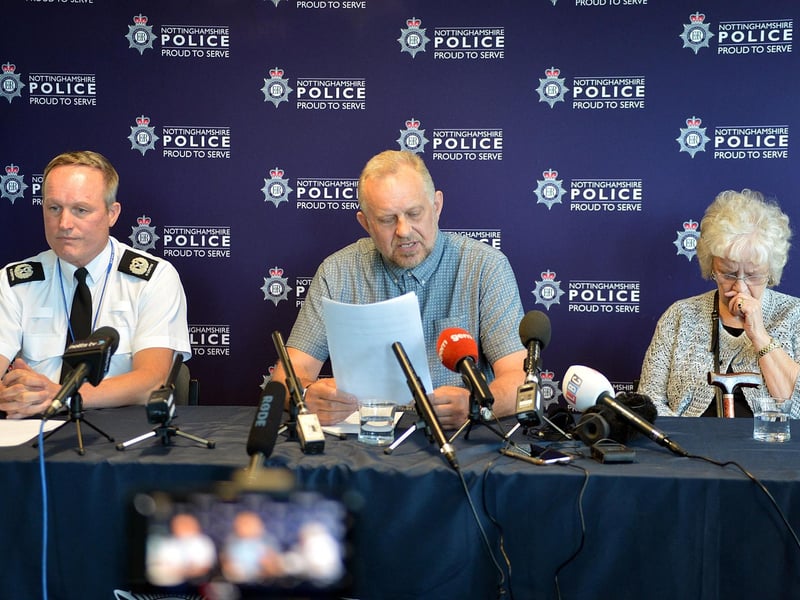 A murder investigation was launched after Police identified human remains found as Pinxton a man missing since 1967. Assistant Chief Constable Rob Griffin, Alfred Swinscoe's grandson Russell Lowbridge and Alfred's daughter Julie Swinscoe.