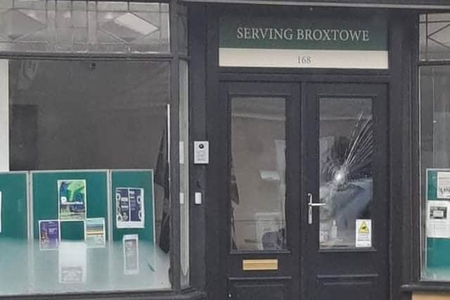 There is speculation that the window may have been smashed by a wheelie bin. Image: Councillor Richard MacRae.