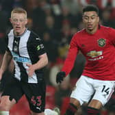 Matty Longstaff in action for Newcastle against Manchester United