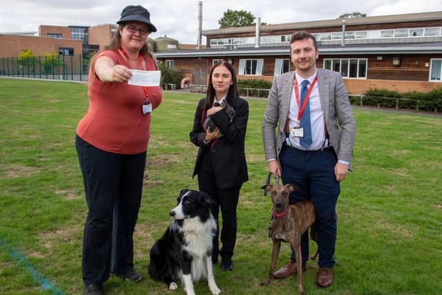 Kirsty Price, lead teacher of Vocational and Social Sciences, Louise Mulvanny, and Josh Dovey, teacher of Vocational and Social Sciences, with Aqua the rabbit, Zero the border collie and Dahlia the lurcher.