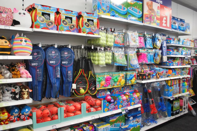 Toys and sporting equipment are available.