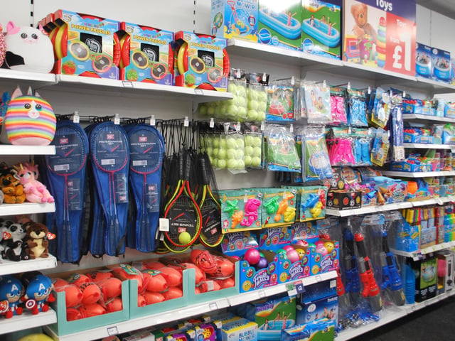 Toys and sporting equipment are available.