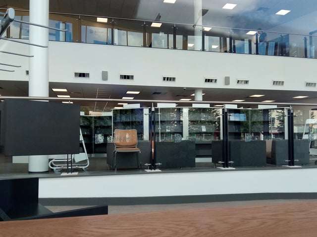 Shelves can been seen in the Danum Gallery, LIbrary and Museum, viewed from Waterdale