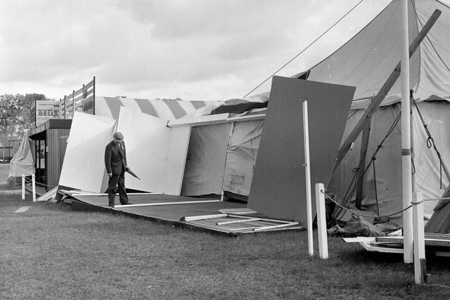 More damage after gales hit the Royal Highland Show in May 1962.