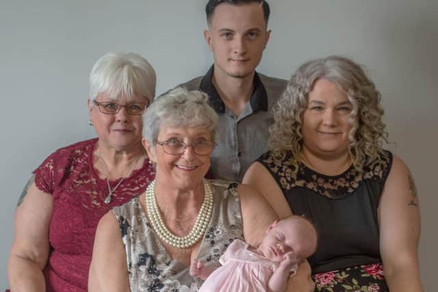 Great great grandma Wendy Mankowski, 78, daughter Tracey Hall, 57, granddaughter Kelly Hall, 38, great grandson Brandon Lee, 19, and great great granddaughter Kyra Lee, who was born in April.