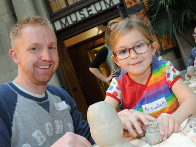 Mud heads challenge Mansfield Museum.   Ian Freeman and his daughter Annabelle work on their models as Team Sparkle in 2017.
