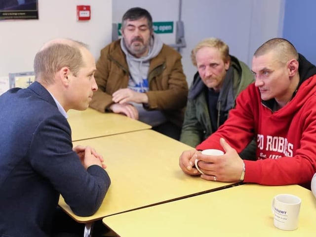 Mansfield, 2020. Prince William, (L) spoke with service users during a visit to The Beacon, a day centre which gives support to the homeless and vulnerable people on February 26, 2020 in Mansfield, England. (Photo by Chris Jackson - WPA Pool/Getty Images)