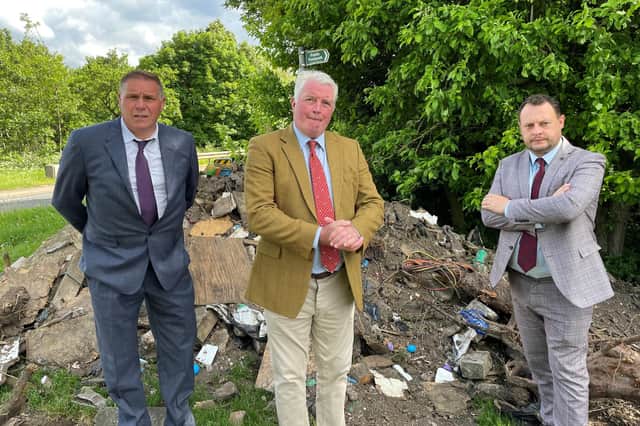 Councillors Andy Gascoyne, Arnie Hankin and Jason Zadrozny at the industrial fly-tip in Selston.