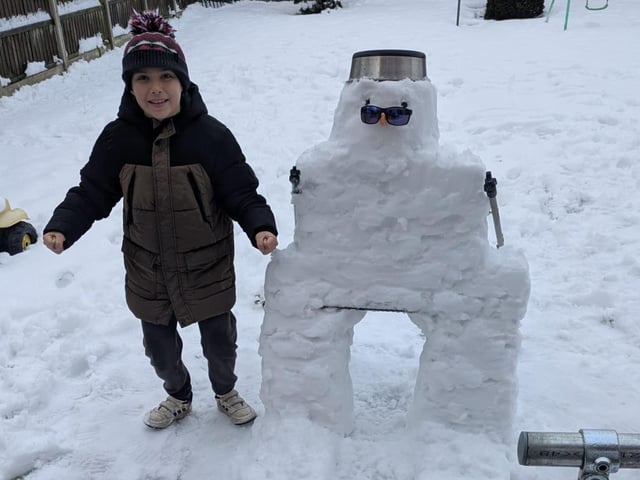 Kerry-Ann Bellamy sent us this great shot of Harry with is skiing snowman in Sutton.