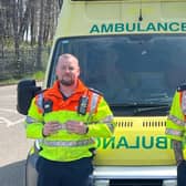 Tyler, left and Alex, with the ambulance which was taken to Ukraine