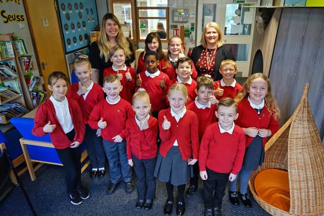 Staff and pupils celebrate the good Ofsted report at Church Vale Primary School and Foundation Unit in Warsop.