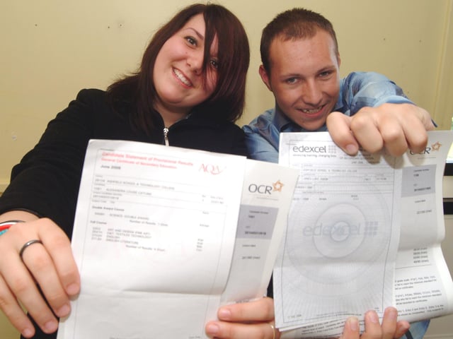 Friends Alex Catling and Luke Jones celebrate there GCSE results at Ashfield School in Kirkby in 2006.