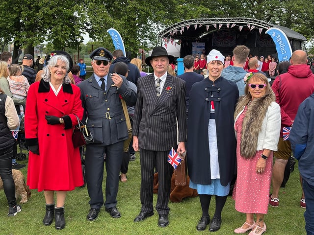 The VE 80 peace party celebration and the Battle of Britain memorial flight flypast was held on Sutton Lawn and featured local schools performing wartime songs and dances on stage. Thousands of attendees gathered for the flypast, with some even dressing in 1940s-themed outfits.