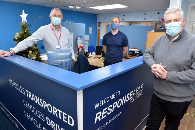 Lee Anderson MP visits Check-Able in Kirkby in Ashfield. Seen speaking to directors Pat and Bill Rodgerson.
