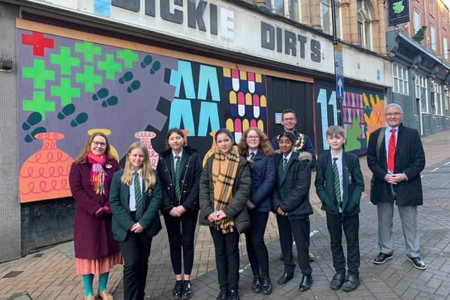 The Brunts' students with mayor Andy Abrahams and Councillor Stuart Richardson showing off the mural