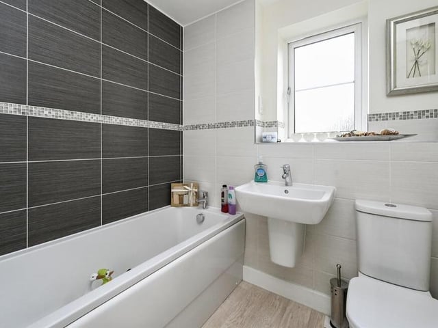 The family bathroom is located on the first floor of the Kirkby house. It features a bath, wash hand basin and low-flush WC.