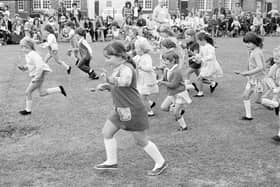 These Bilsthorpe schoolchildren enjoy an egg and spoon race in 1971.