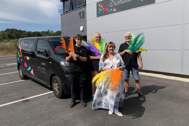 Diamante Crafts Jacqueline O’Neil with husband Mick, son James and David Woods outside their new unit at Aria Park in Mansfield