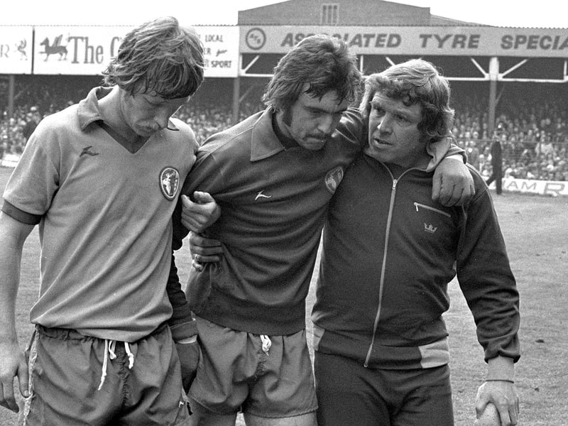 Keeper Rod Arnold is led off the field at Wrexham in May 1977. The inspirational shot-stopper, who was named Chad Readers’ Player of the Year that year, was knocked out right on the half-time whistle and remembers nothing of the second half of that famous win.