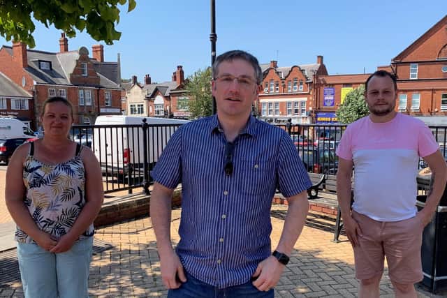 Councillors Samantha Deakin, Matt Relf and Jason Zadrozny in Sutton Town Centre in Summer 2020 after posting the bid