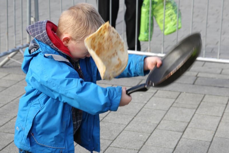 Pancake Day in Doncaster Market Place.  James Harty age 4