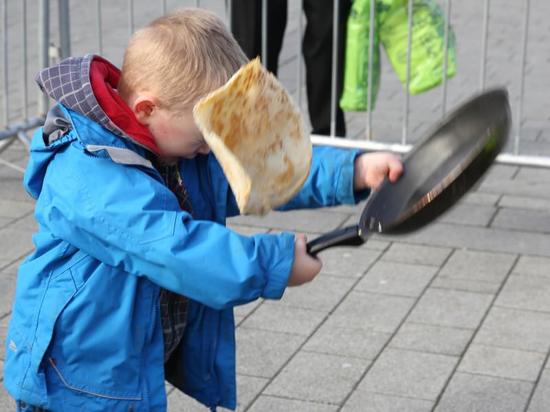 Pancake Day in Doncaster Market Place. James Harty age 4