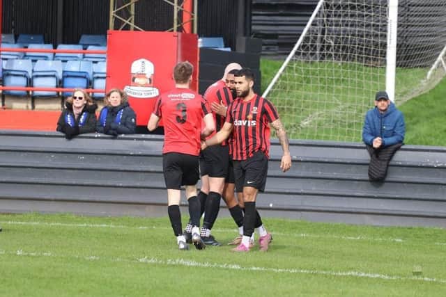 Shirebrook players celebrate Antony Dwyer 3rd goal