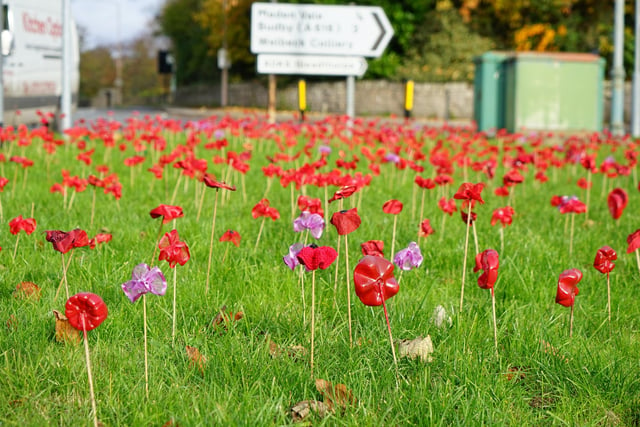 Recycled poppies decorate the roadside on Church Road.