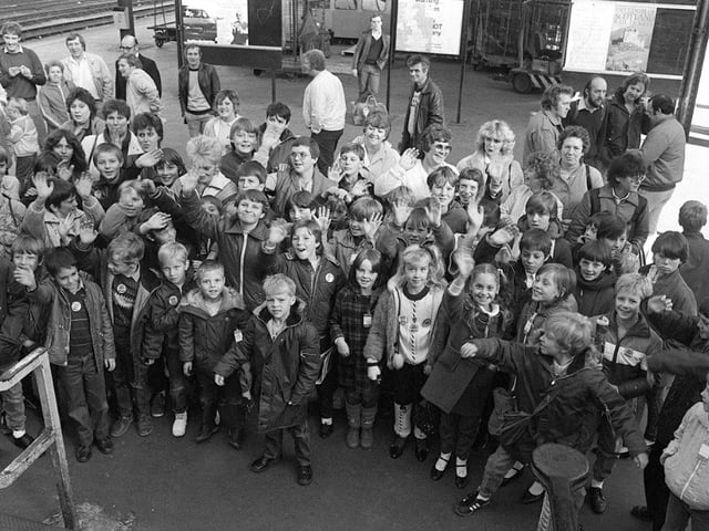Children of striking miners at Sheffield Midland Station pictured before leaving for a trip to Blackpool in October 1984.
