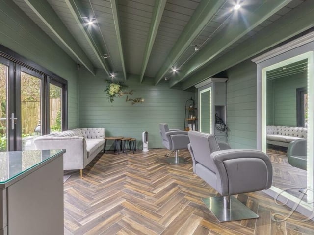 A second look at the salon within the cabin, this time from the reception desk. It is equipped with power and light and has access to a working toilet with low-flush WC and vanity hand wash basin.