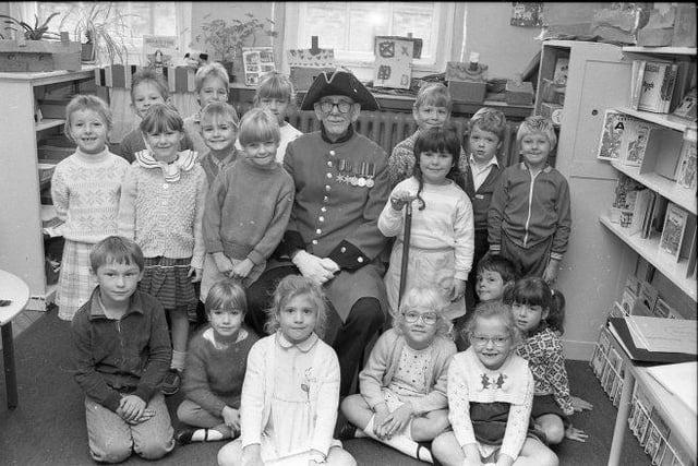 A Chelsea Pensioner visiting Forest Town School in September 1987.
