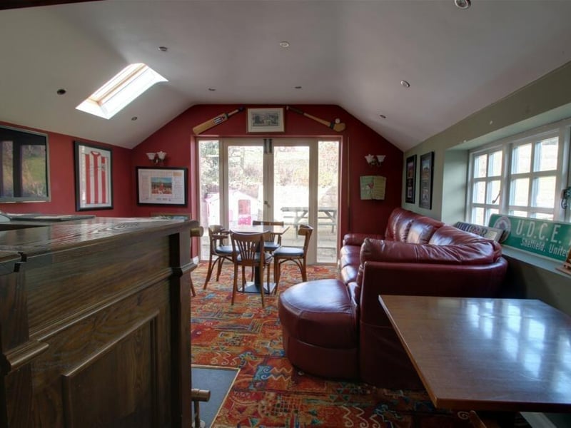 The sun room/bar is flooded with natural light thanks to windows, skylights and double doors that open on to the property's top patio.
