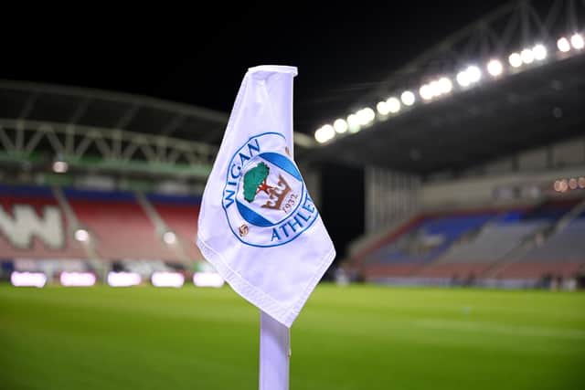 A general view of a corner flag inside the stadium prior to the Emirates FA Cup Third Round match between Wigan Athletic and Manchester United at DW Stadium on January 08, 2024 in Wigan, England. (Photo by Michael Regan/Getty Images)