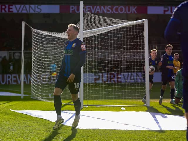 George Maris celebrates during the Sky Bet League 2 match against Newport County AFC at Rodney Parade 02 March 2024.Photo credit : Chris & Jeanette Holloway / The Bigger Picture.media