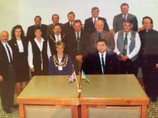 These are photos of when Sally Higgins Chairman of MDC in 1997/98 twinning agreement with Stryi in the Ukraine