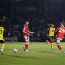 Lewis Brunt nets his first Stags goal during the Sky Bet League 2 match against Harrogate Town AFC at The EnviroVent Stadium, 24 Oct 2023  
Photo credit : Chris & Jeanette Holloway / The Bigger Picture.media