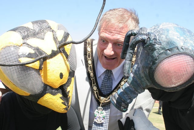 2006:  Pictured at the Eastwood Family Fun Day are Jasper the wasp and Vomitoria the fly with Mayor of Eastwood Doug Wilcockson.