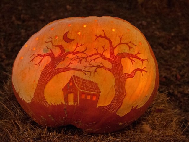 By not going all the way through the pumpkin rind, you can create this translucent effect with your design, which allows you to create silhouettes and scenes, like this Halloween cottage.