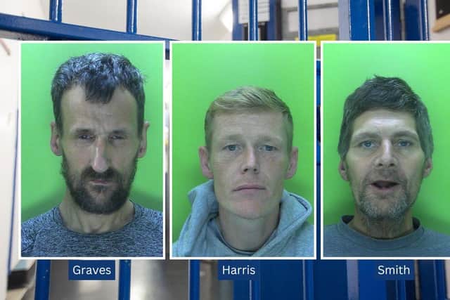 Dean Graves, Jamie Harris, and Jason Smith were spotted by a passing police officer in the early hours of Saturday, November 2, as they left a pharmacy in Rosemary Street, Mansfield. Photo: Nottinghamshire Police.
