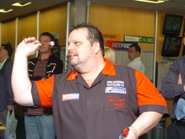 Free Press reporter Paul Goodwin challenged former world number one darts player Peter Manley, as he visits Betfred on Cleveland Street, and raised money for Doncaster Cancer Detection Trust in 2007