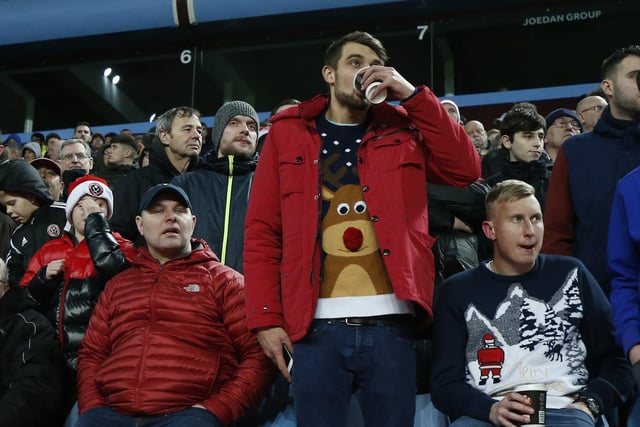 Sheffield Utd fans in Christmas jumpers during the Championship match at Villa Park Stadium, Birmingham. Picture date 23rd December 2017.